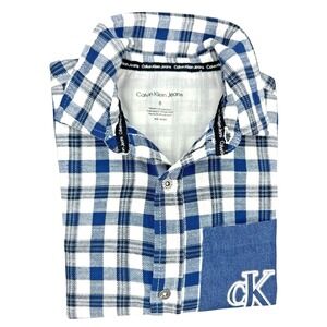 Calvin Klein Jeans Boy's Logo Pocket 100% Cotton Plaid Blue/White Shirt - Size 8